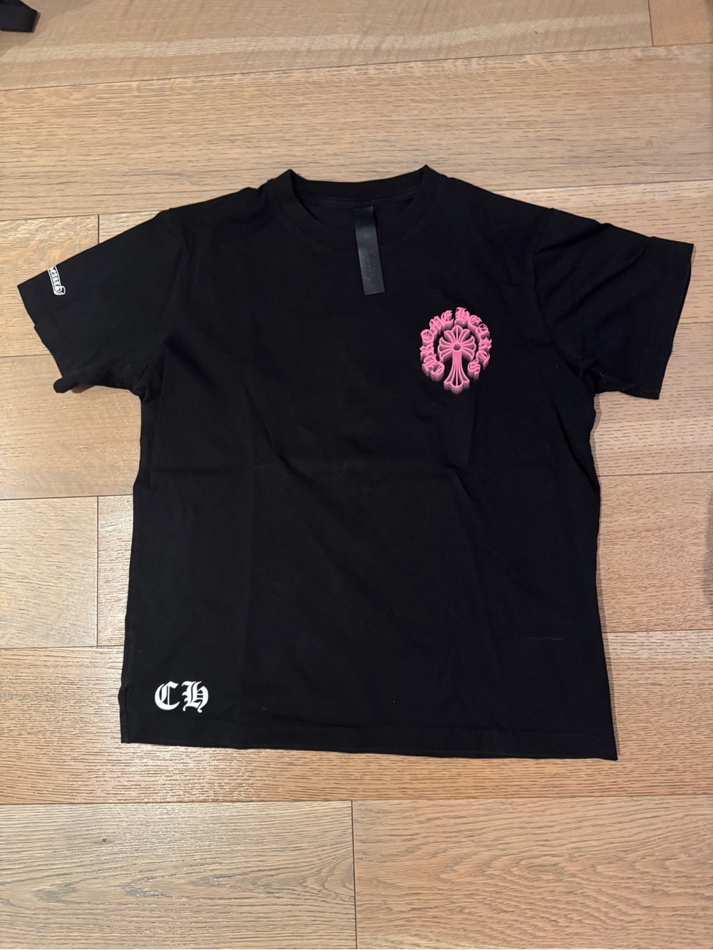 Chrome Hearts Black Tee with Pink Cross Graphic
